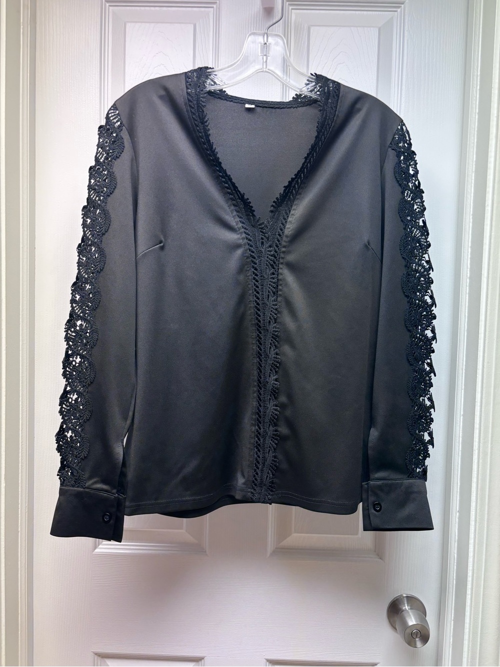 Black Satin Lace Trim Blouse – Long Sleeve V-Neck Top – Size M